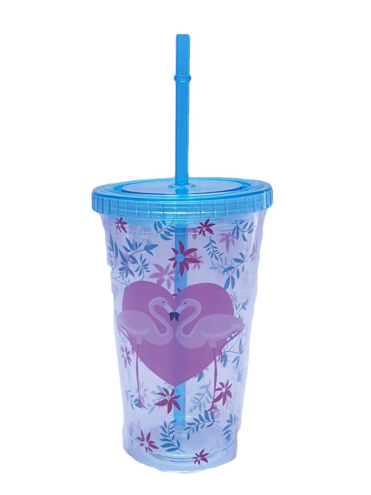 Пластмасова чаша - с капак и сламка - фламинго - 450 мл.