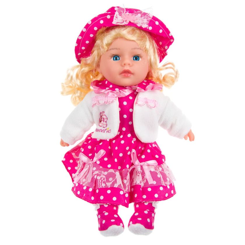 Кукла момиченце - цикламена - точки - 30 см.