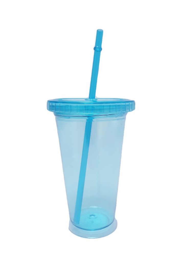 Пластмасова чаша - с капак и сламка - синя - 450 мл.