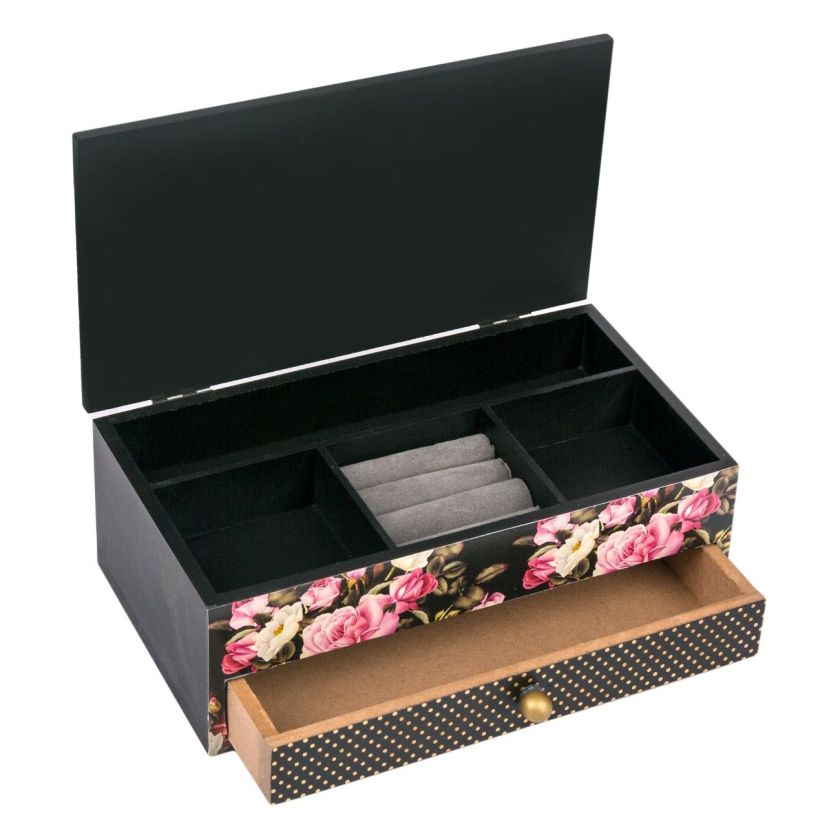 Кутия за бижута - черна - цветя - 22 х 12 см.
