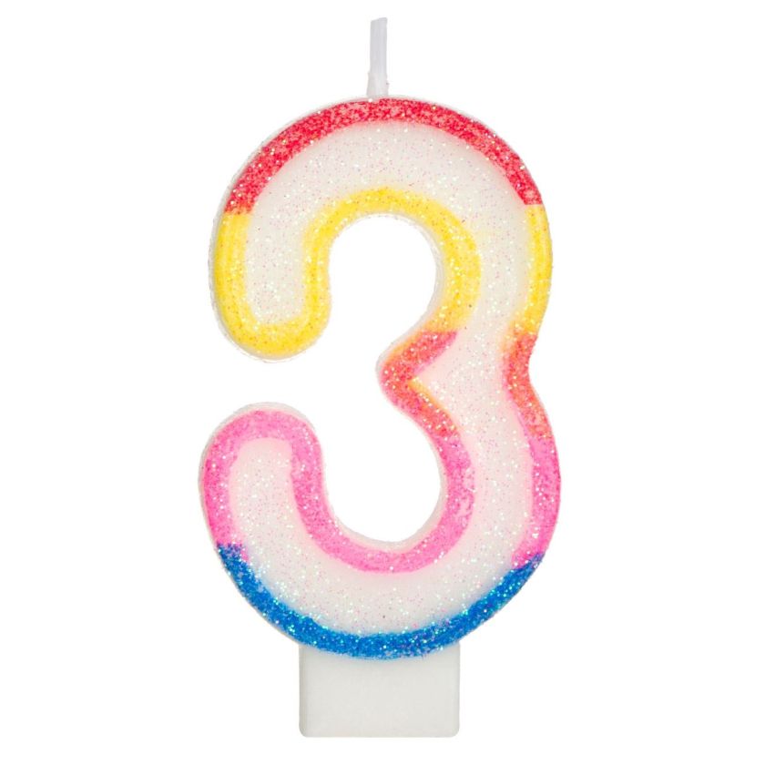 Свещ за торта - цифра 3 - цветна - брокат