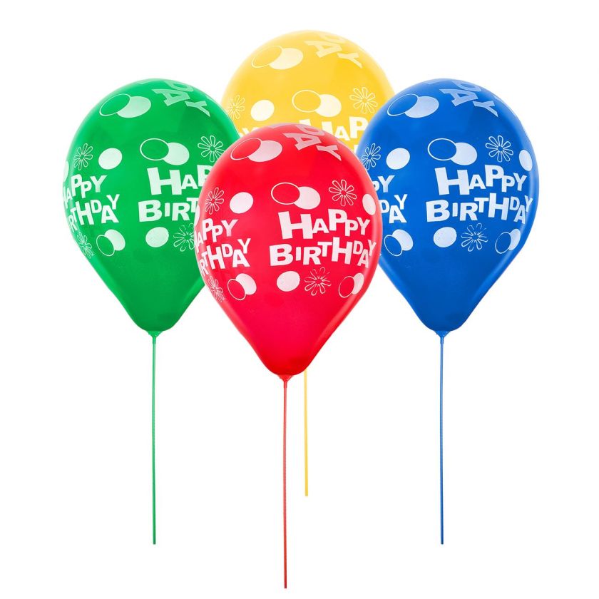 Парти балони - HAPPY BIRTHDAY - с дръжки - 30 см. - 10 бр.