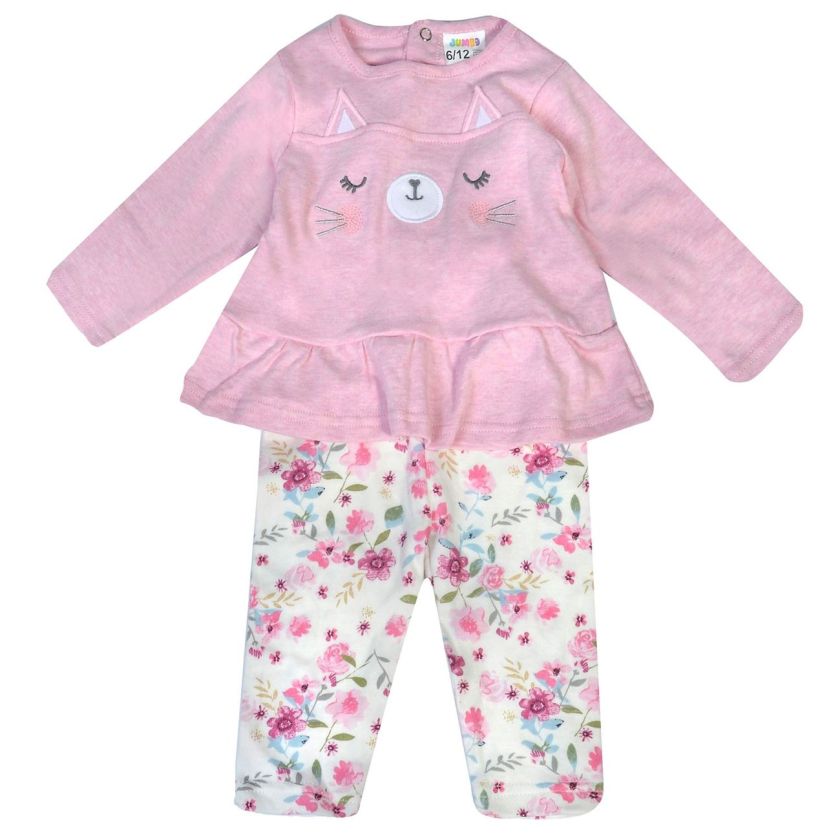Бебешка пижама - розова - цветя - котка