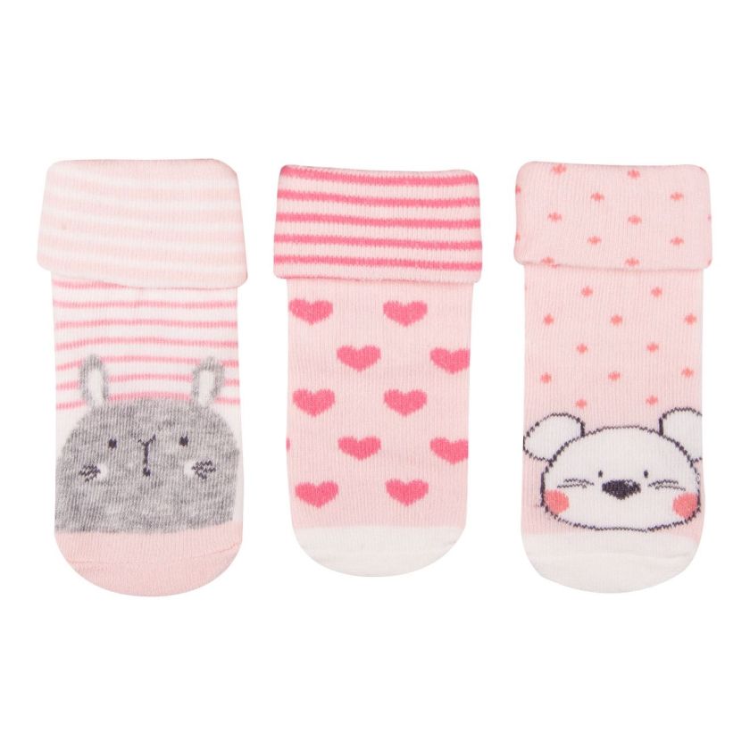 Бебешки чорапи - розови - сърца - животни - 3 чифта