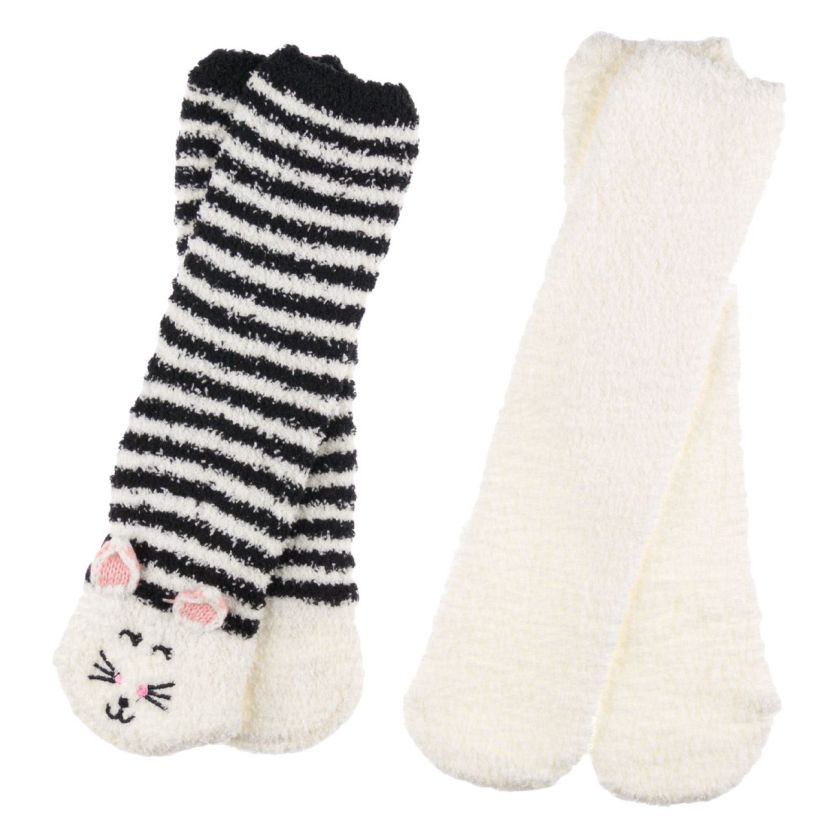 Домашни термо чорапи - бели и райе с котка