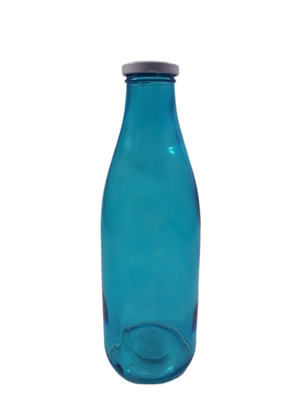 Стъклена бутилка за вода - синя - метална капачка - 1 л.