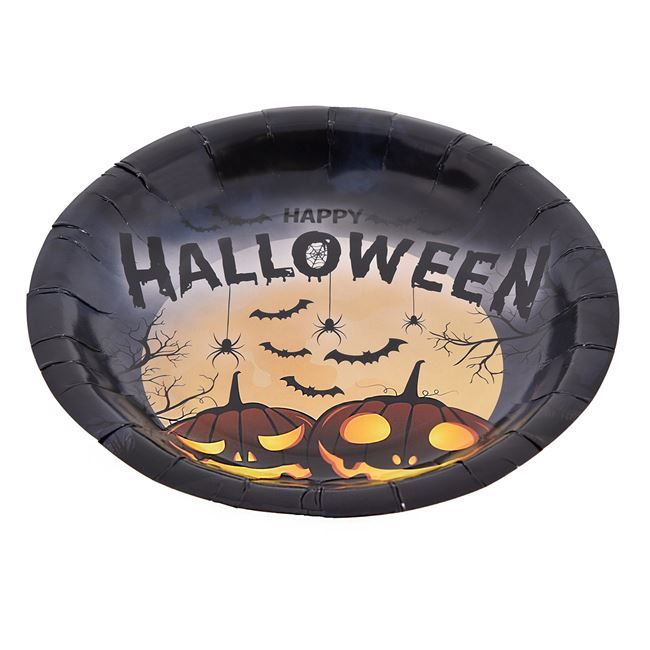 Хелоуин парти чинии - черни с тикви и прилепи "Happy Halloween" 18см - 6 бр.