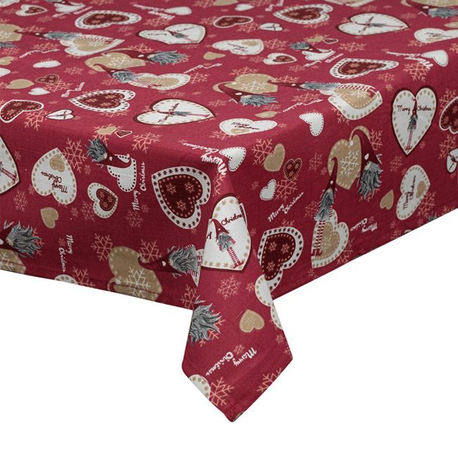 Коледна декоративна покривка за маса - Червена на сърца и Гномчета - 140 x 240 см.