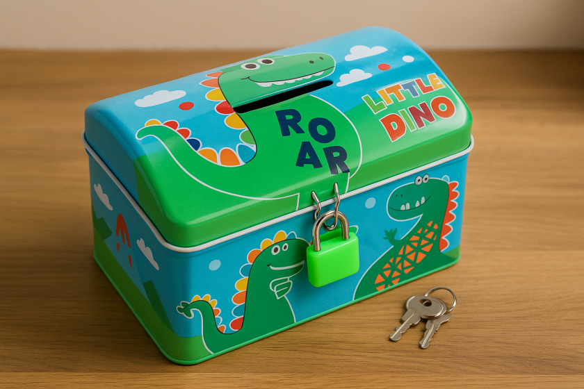 Детска касичка с катинарче Дино - 12.5 x 8 x 7.5 см.