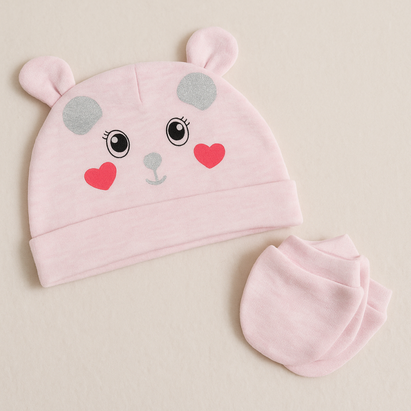 Бебешки комплект - шапка и ръкавици - розови