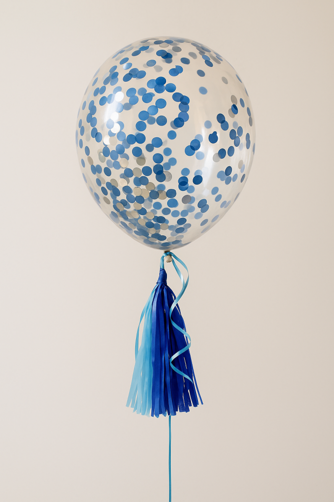 Парти балон - със сини конфети и пискюли - 46 см.