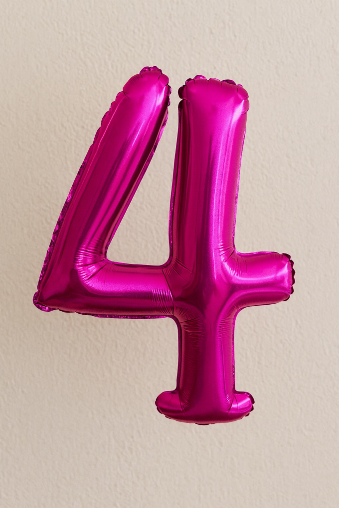 Парти балон - цикламен - цифра 4 - 46 х 30 см.