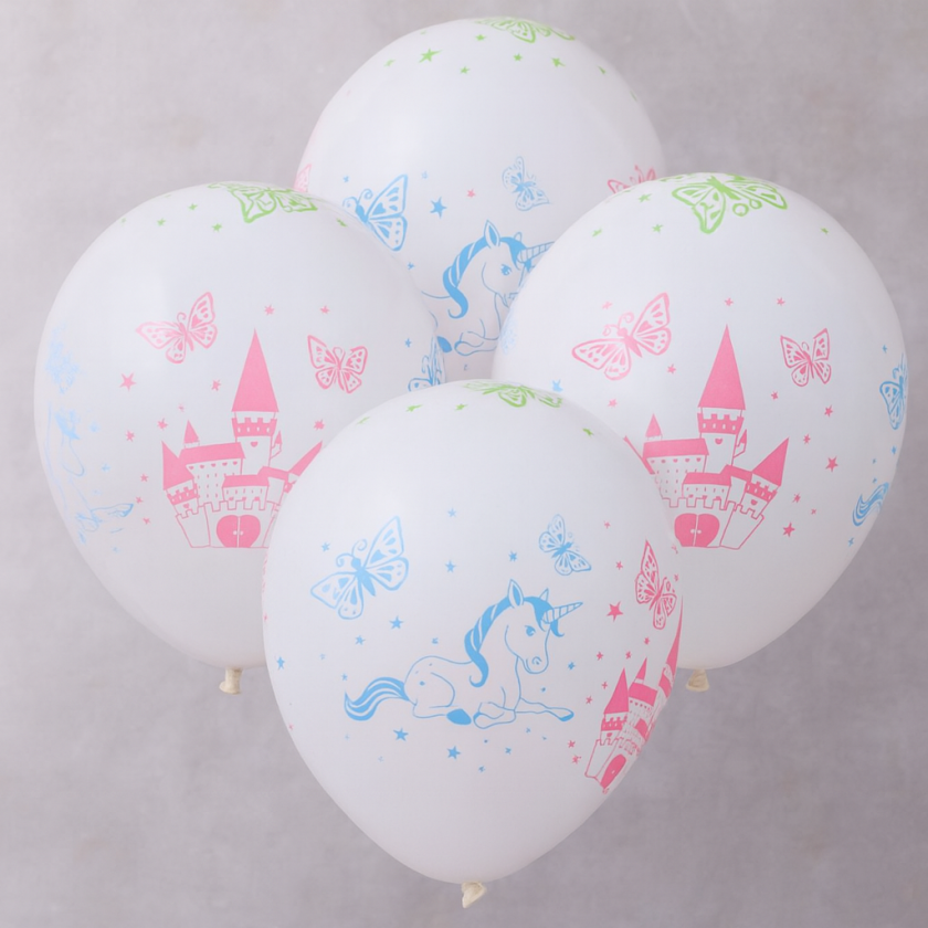 Парти балони - бели - замък и еднорог - 30 см. - 15 бр.
