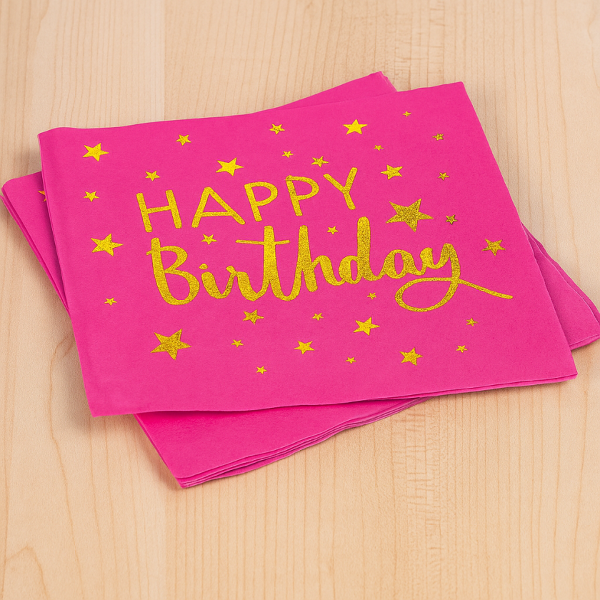 Парти салфетки - цикламени - Happy Birthday - 33 х 33 см. - 12 бр.