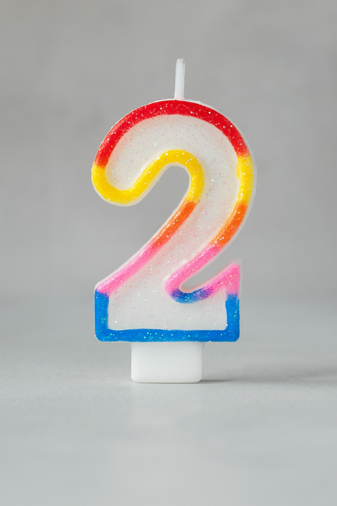 Свещ за торта - цифра 2 - цветна - брокат