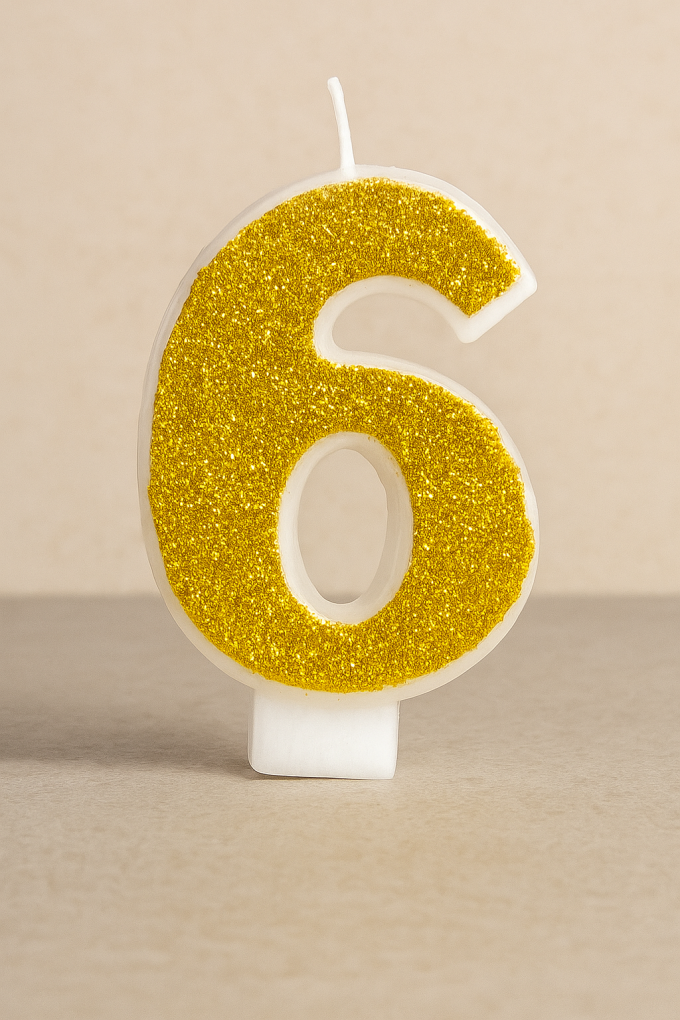 Свещ за торта - цифра 6 - златиста - брокат