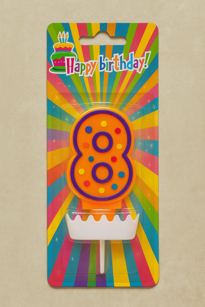 Свещ за торта - цифра 8 - оранжева - точки