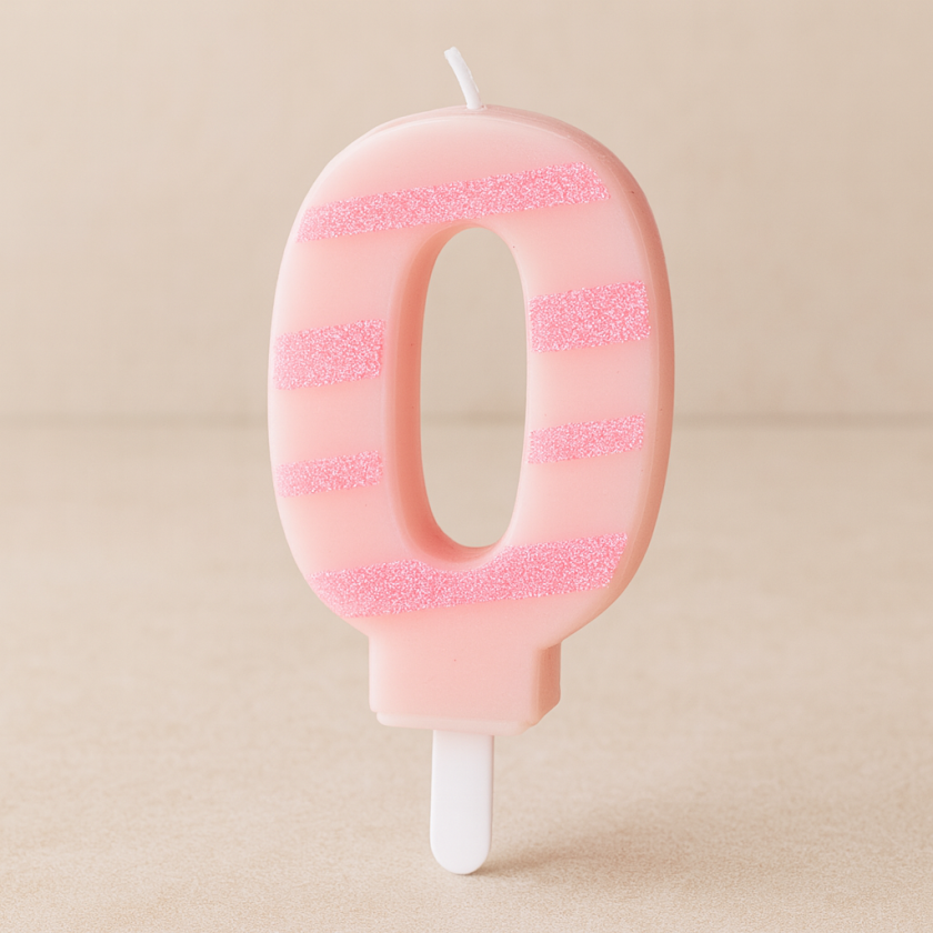 Свещ за торта - цифра 0 - розово райе