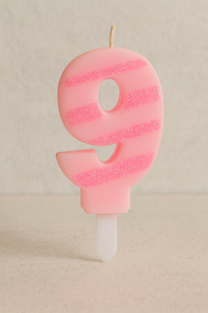 Свещ за торта - цифра 9 - розово райе