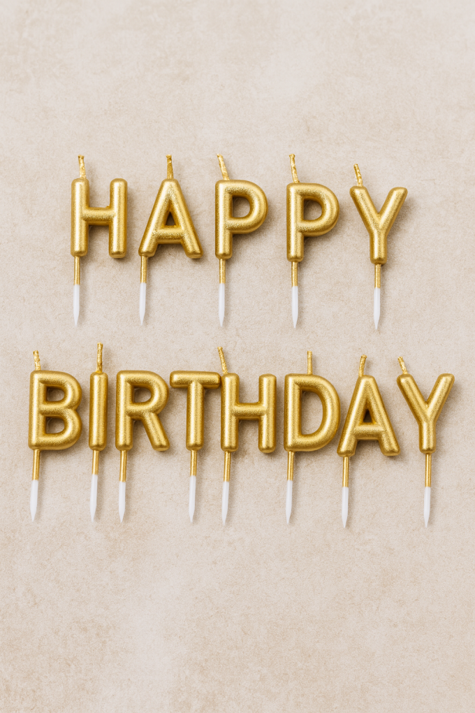 Свещи за торта - златисти - HAPPY BIRTHDAY - 13 бр.