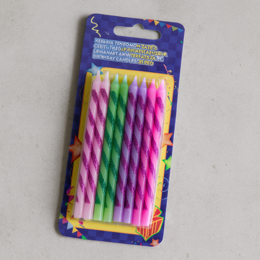Свещи за торта - цветно райе - брокат - 24 бр.