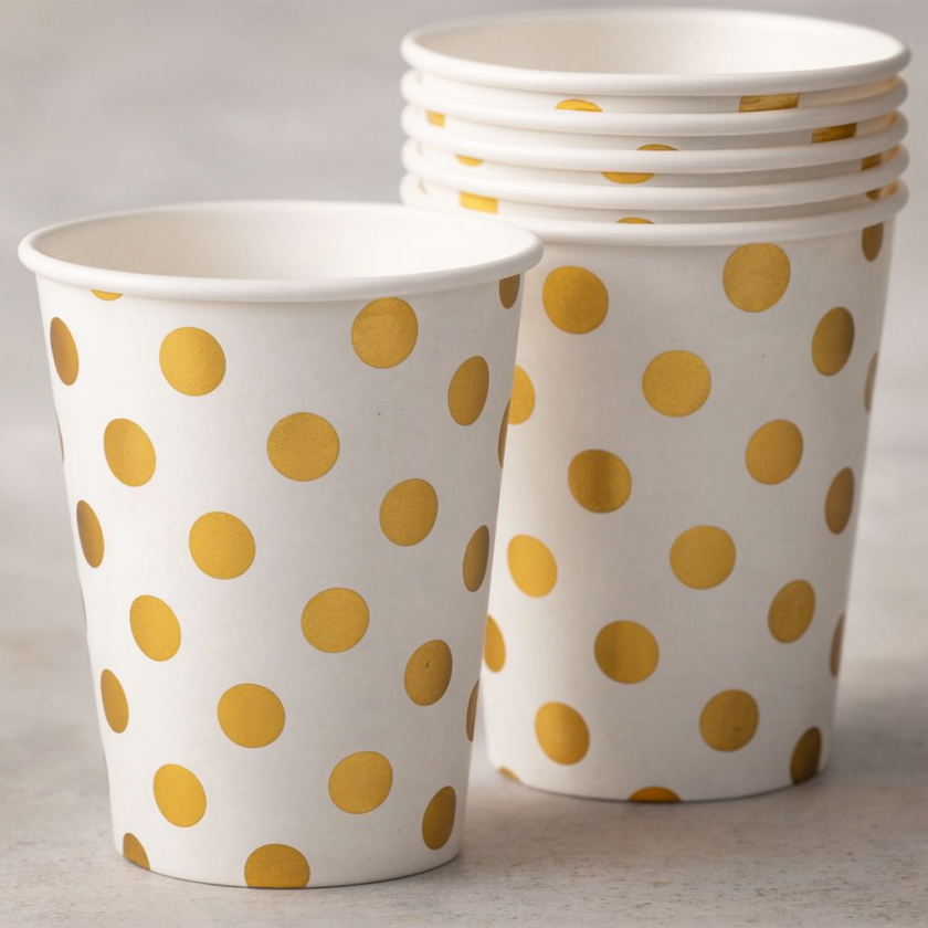 Парти чаши - златисти точки - картонени - 270 мл. - 6 бр.