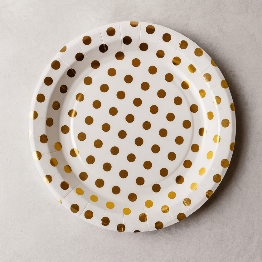 Парти чинии - златисти точки - картонени - 18 см. - 6 бр.