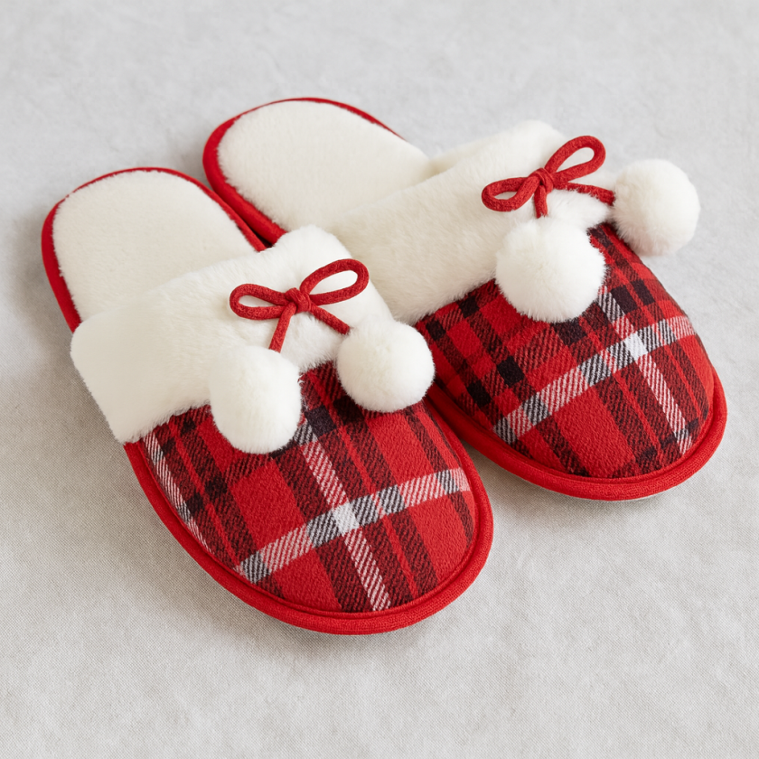 Дамски Коледни чехли - Червено каре с помпони - Различни размери