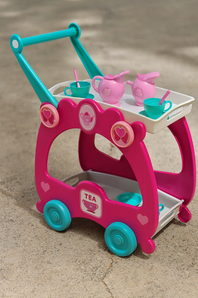 Детска масичка с колелца за сервиране на чай с 14 аксесоара