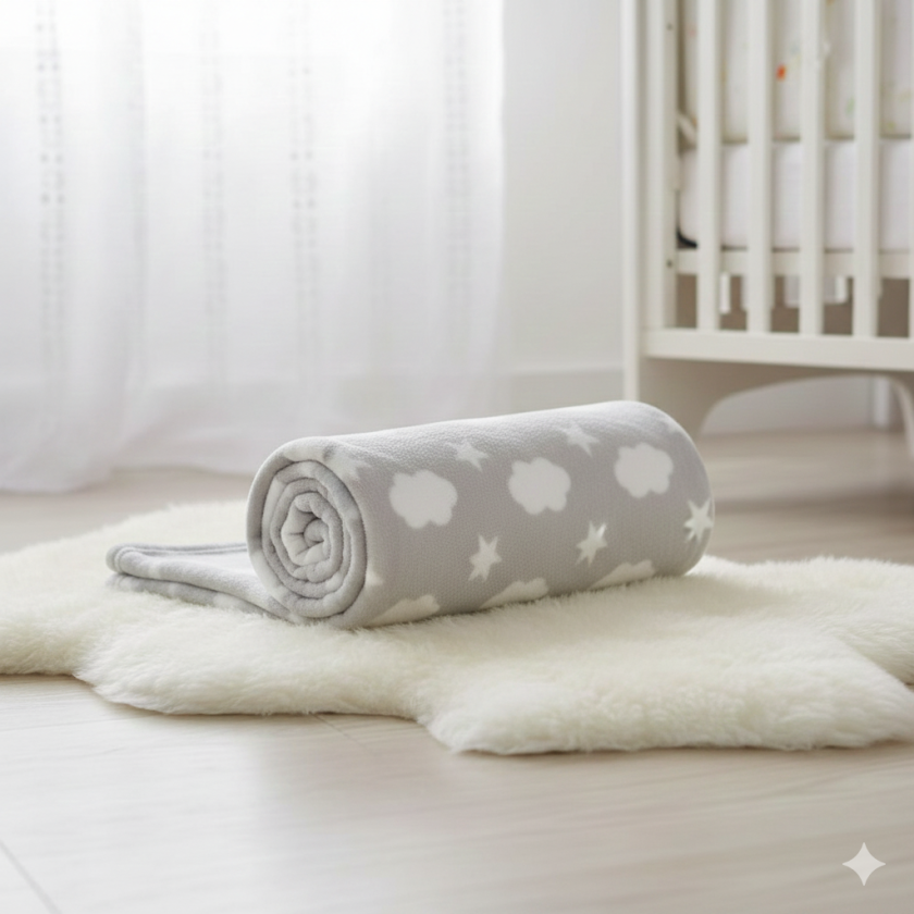 Покривка за бебешко легло - сива - звезди и облаци - 100 х 140 см.