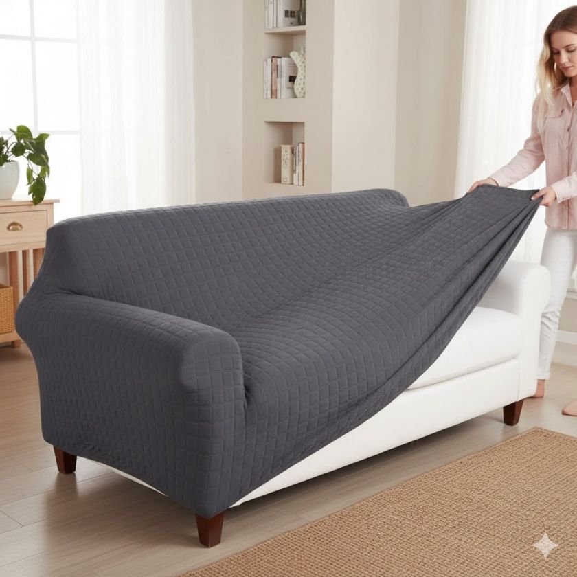 Калъф за триместен диван с ластик - Сив - от 180 до 245 см.