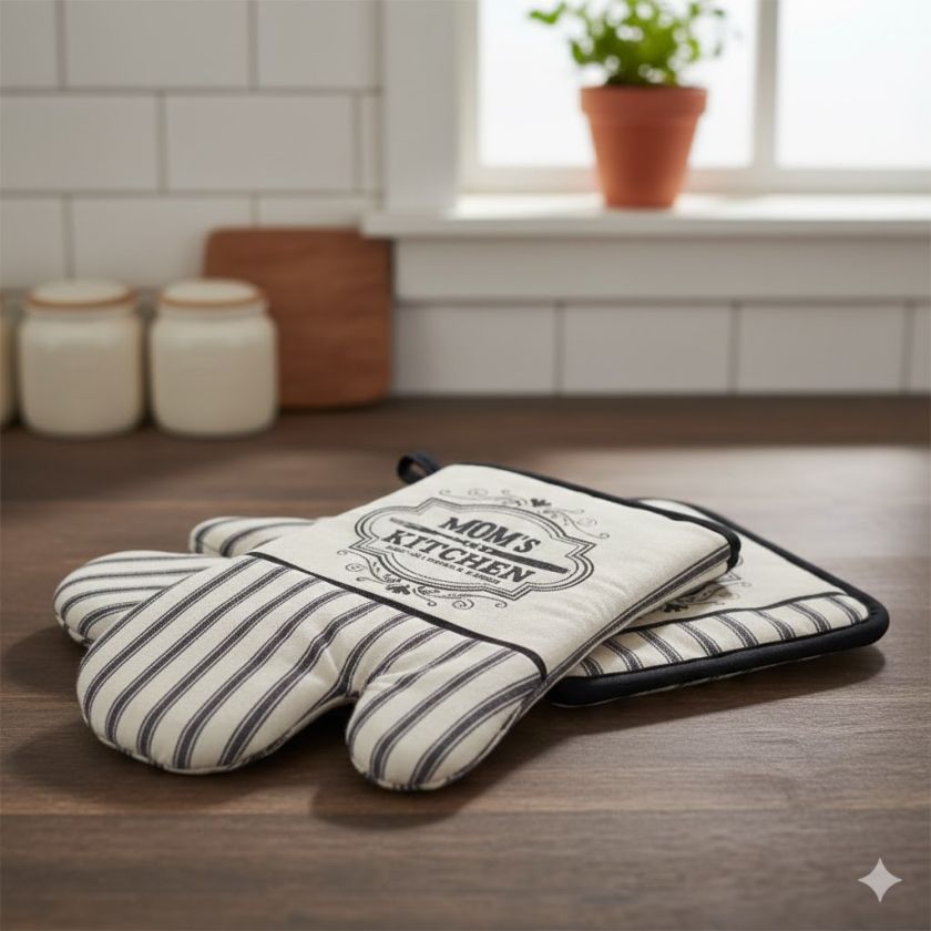 Кухненска ръкавица с надпис и ръкахватка - Екрю - 18 x 27 см.