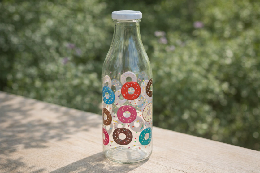 Стъклена бутилка за вода - Donuts - метална капачка - 1 л.