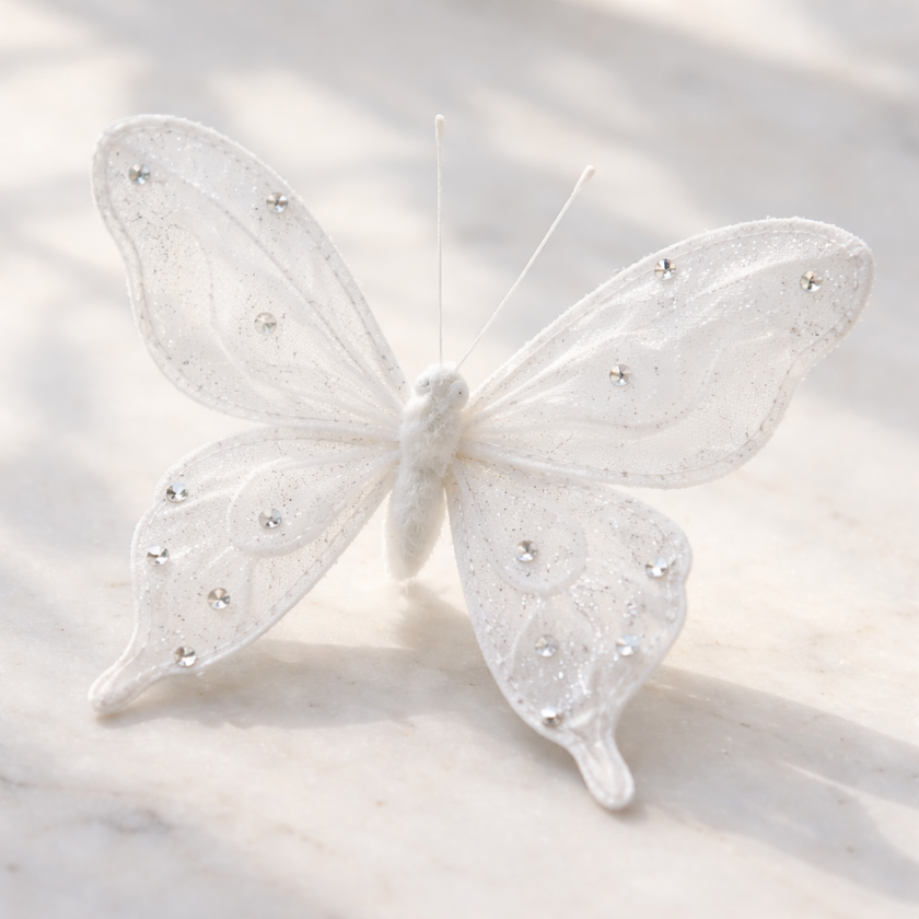 Пеперуда за декорация с клипс - Бяла - 11 см.