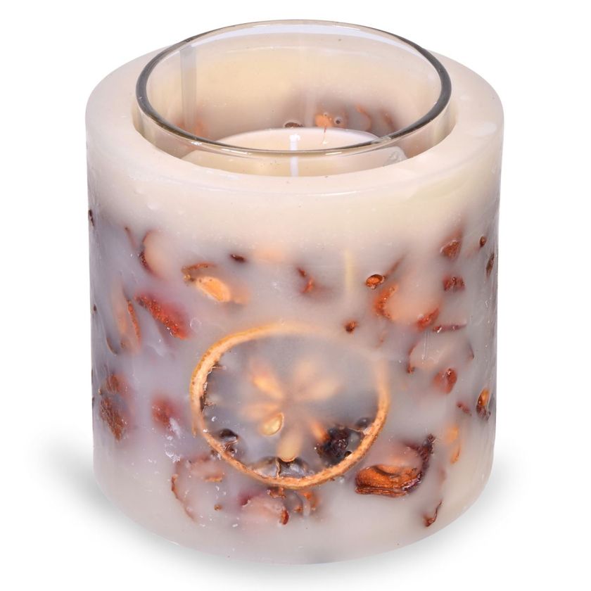 Свещ в чаша с плодове - слонова кост - 700 гр.