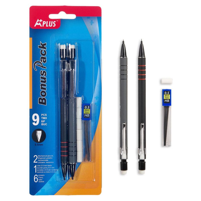 Автоматични моливи с гума - 2 бр. + графити 0.5 мм. и гуми