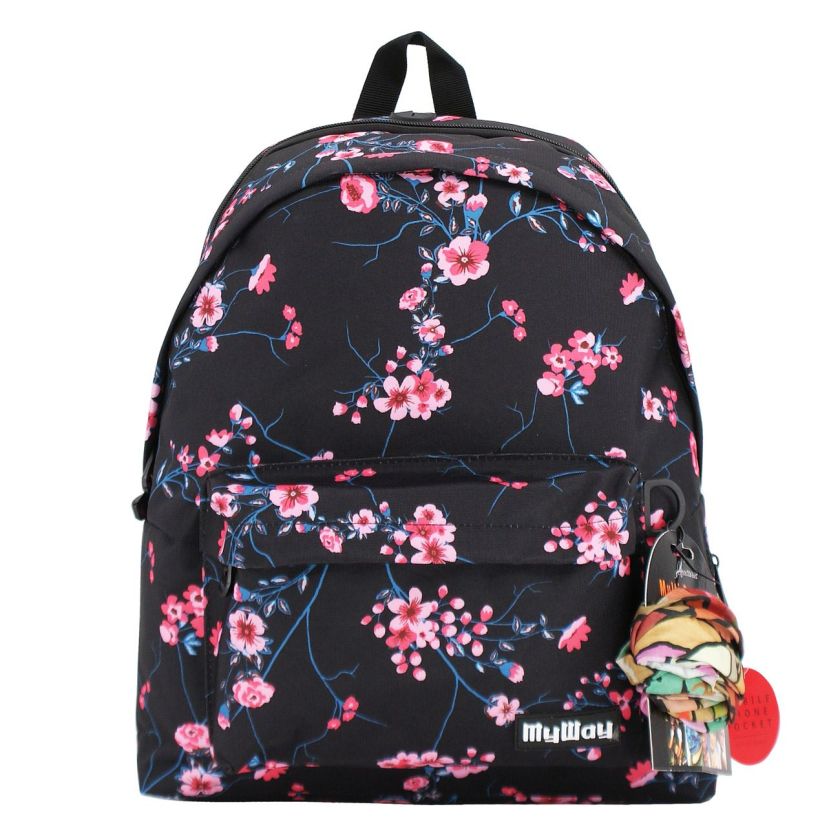 Чанта - ученическа - розови цветя + шал
