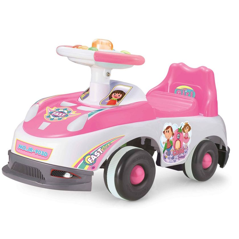 Детска кола за бутане - състезателна - бяло и розово