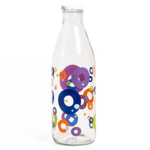 Стъклена бутилка за вода - цветни кръгове - метална капачка - 1 л.