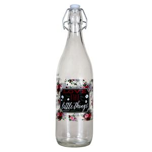 Стъклена бутилка за вода - цветя - подвижна запушалка - 1 л.