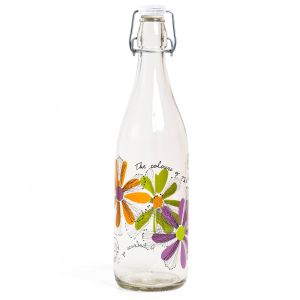 Стъклена бутилка за вода - цветя - подвижна тапа - 1 л.
