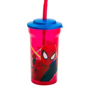 Пластмасова чаша - с капак и сламка - SPIDERMAN - 460 мл.