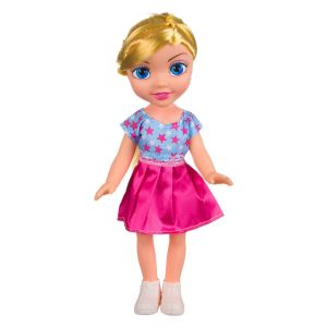 Кукла момиченце - с рокличка - синьо и цикламено - 29 см.