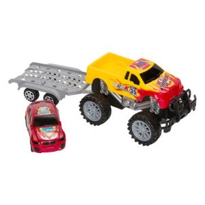 Джип - пикап - жълт - с ремарке и състезателен автомобил
