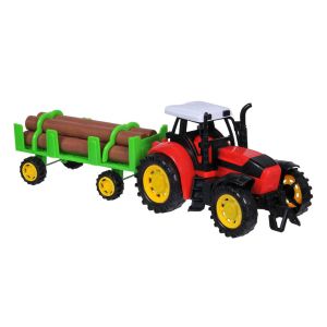 Трактор - червен - с ремарке с дърва