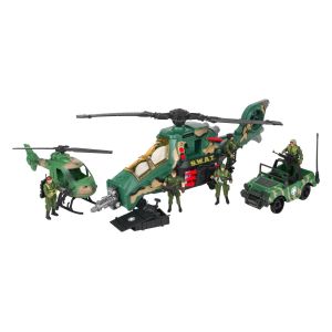 Военен хеликоптер със звук + джип и войници
