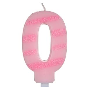 Свещ за торта - цифра 0 - розово райе