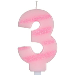 Свещ за торта - цифра 3 - розово райе