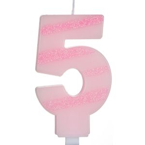 Свещ за торта - цифра 5 - розово райе