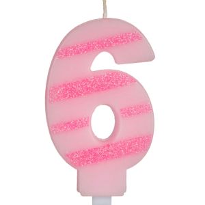 Свещ за торта - цифра 6 - розово райе